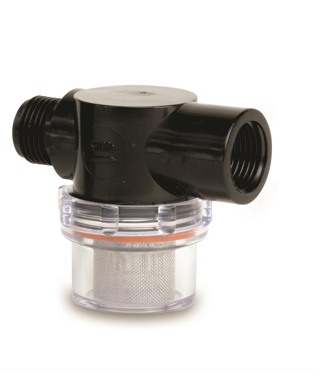 A Shurflo water pump strainer with a black and clear plastic body and a stainless steel mesh screen.