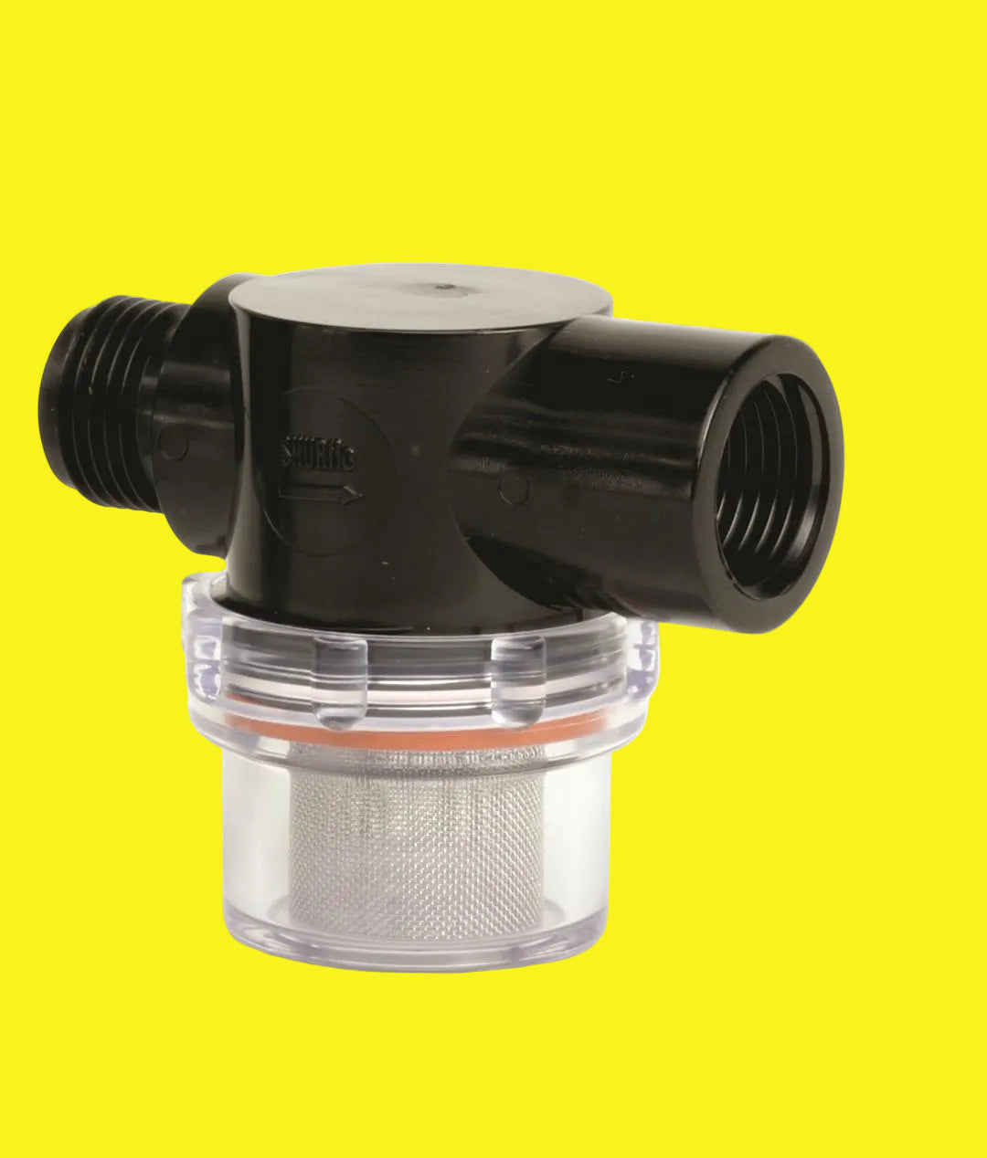 A Shurflo water pump strainer with a black and clear plastic body and a stainless steel mesh screen.