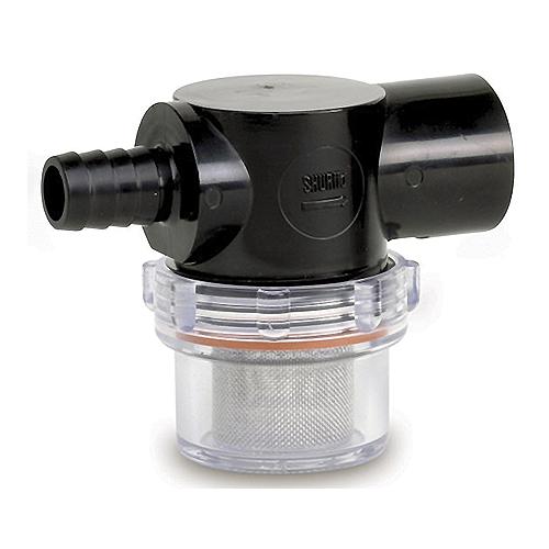 Shurflo water pump strainer with a black and clear plastic body and a stainless steel mesh screen.