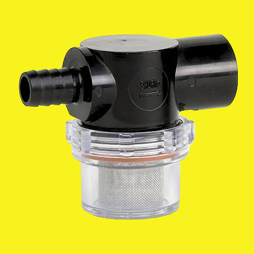 Shurflo water pump strainer with a black and clear plastic body and a stainless steel mesh screen.