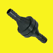 A black plastic inline check valve with a 1/2" hose bar fitting.