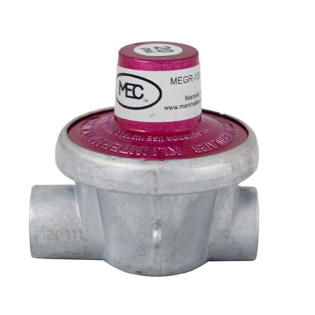 Propane regulator with a red and silver design on a white background