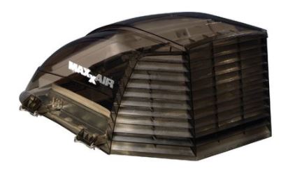 A black MaxxAir roof vent cover for 14x14 vents with hinged hardware, made of polyethylene.