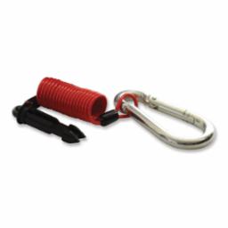 Red breakaway cable and pin for towing trailers.