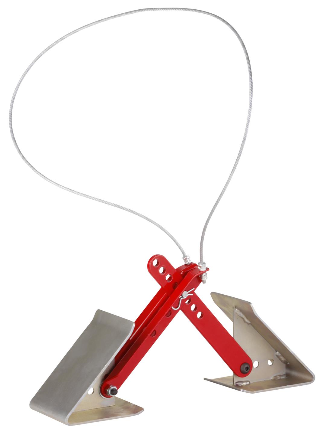 Silver and red wheel chock with cable