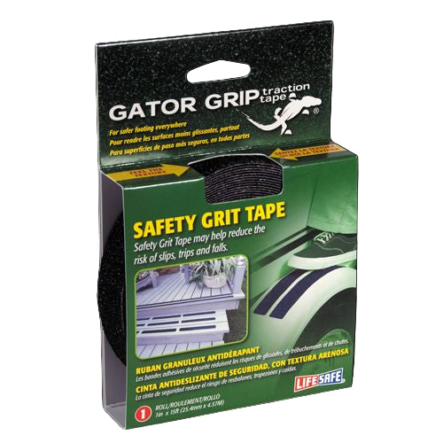 Black safety grit tape in a roll. Inside of green and yellow packaging