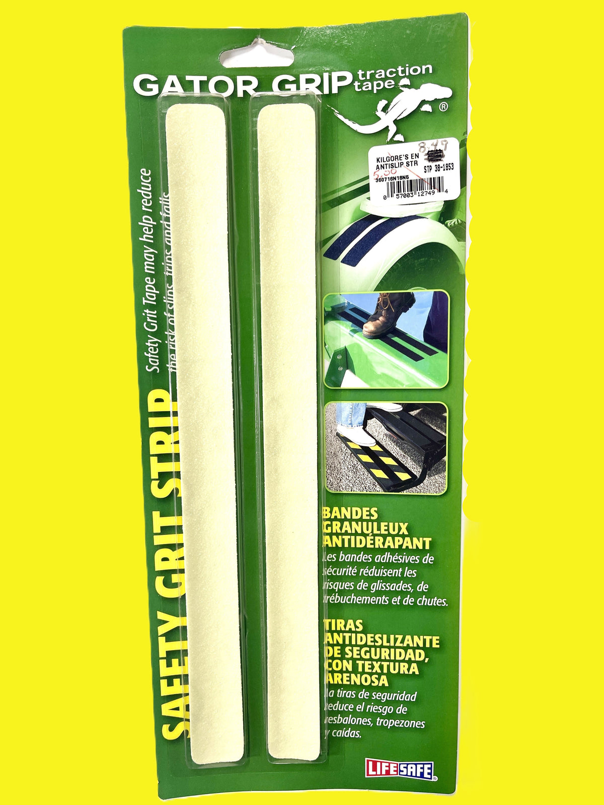Gator Grip traction tape safety grip strip in its original green blister packaging, shown against a solid bright yellow background.