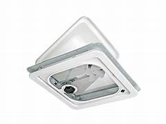 A white roof vent with a clear screen and a metallic frame, designed for manual opening.