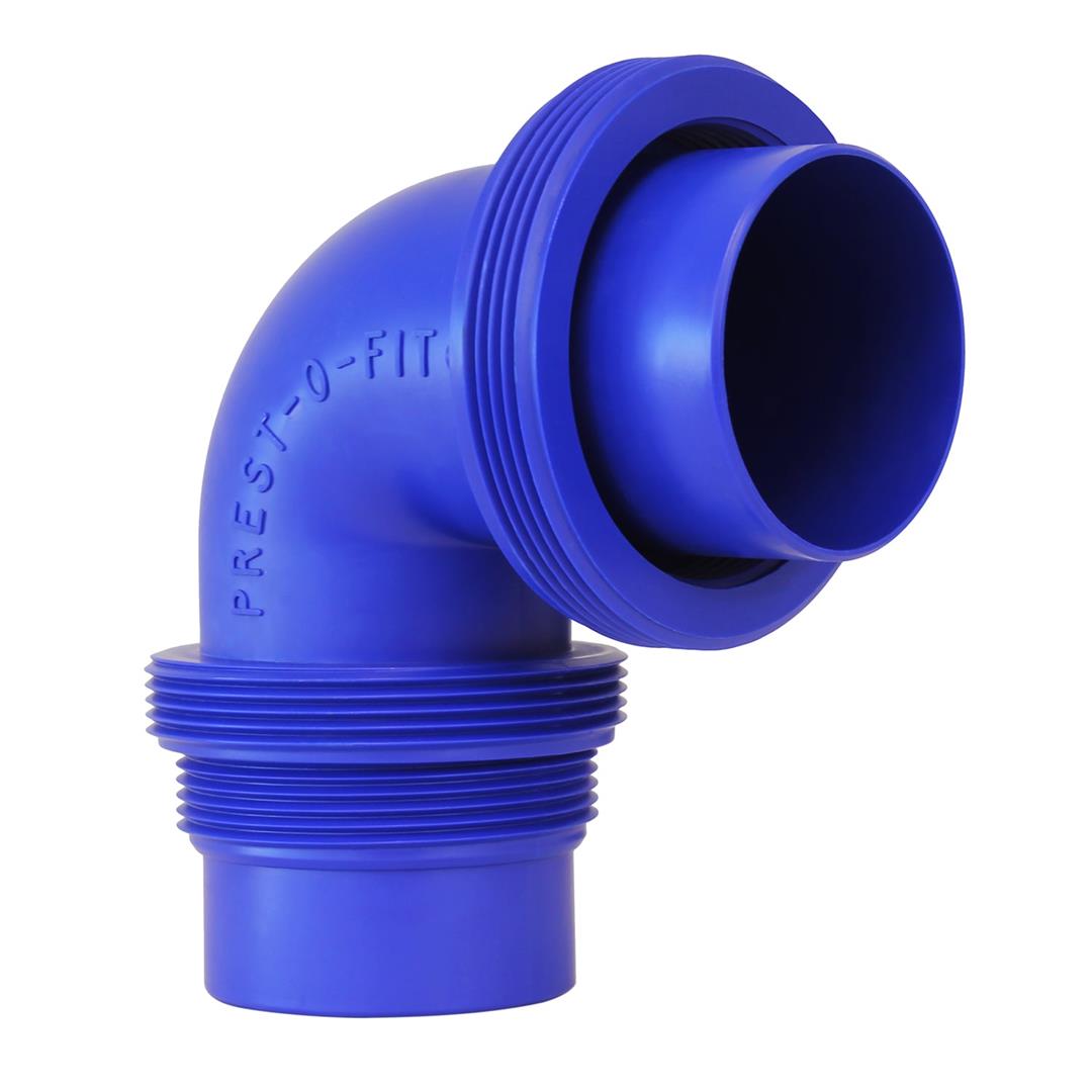 A blue plastic Prest-O-Fit Universal Elbow sewer hose connector.