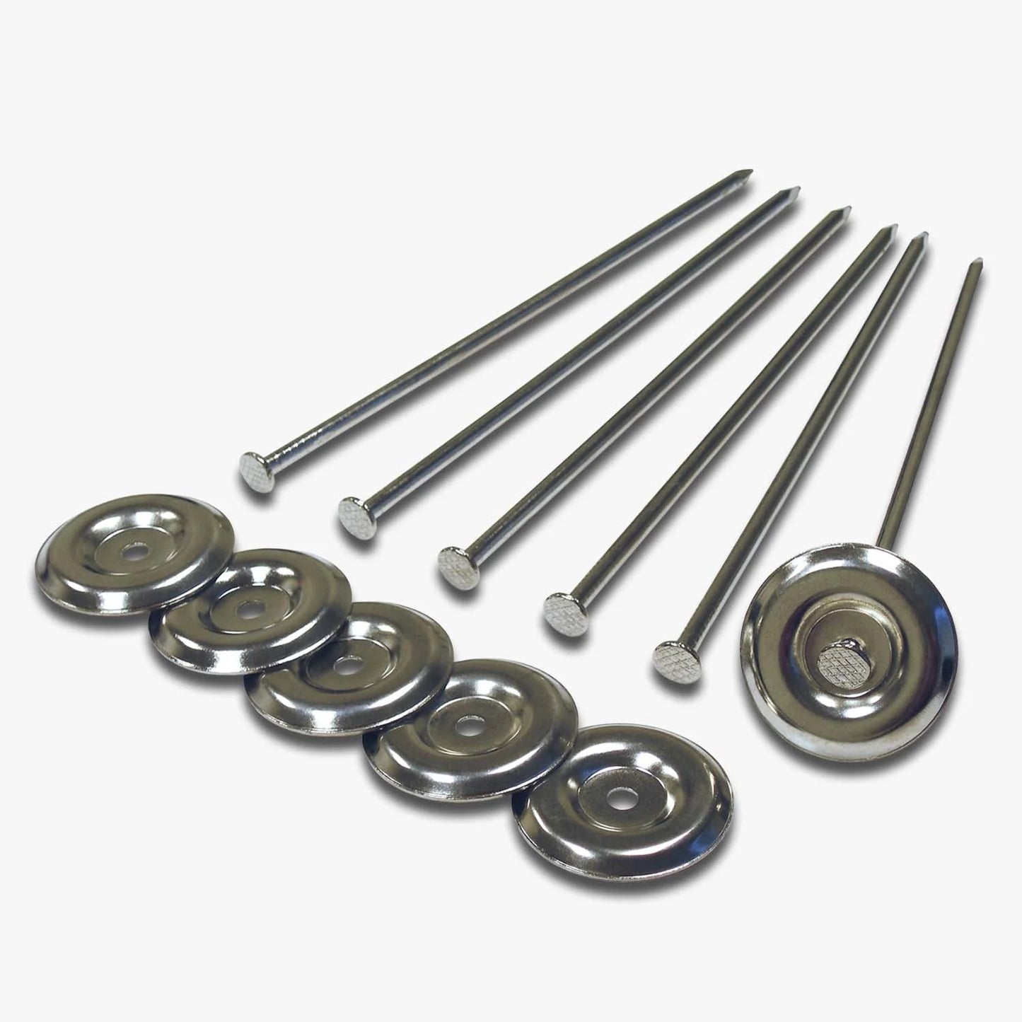 A set of six nickel plated steel patio rug stakes with hold-down nails.