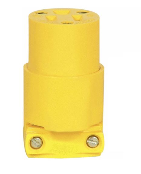 A yellow vinyl power cord plug end with a female end and no handle.