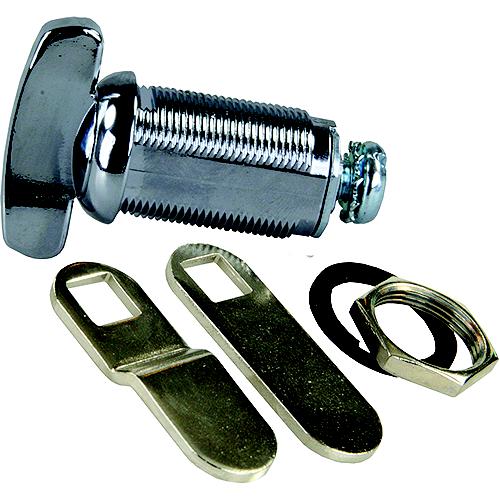 A metal thumb compartment lock with a cylindrical head, two keys, and a silver-colored metal plate.