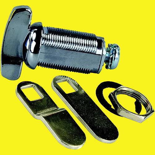 A metal thumb compartment lock with a cylindrical head, two keys, and a silver-colored metal plate.