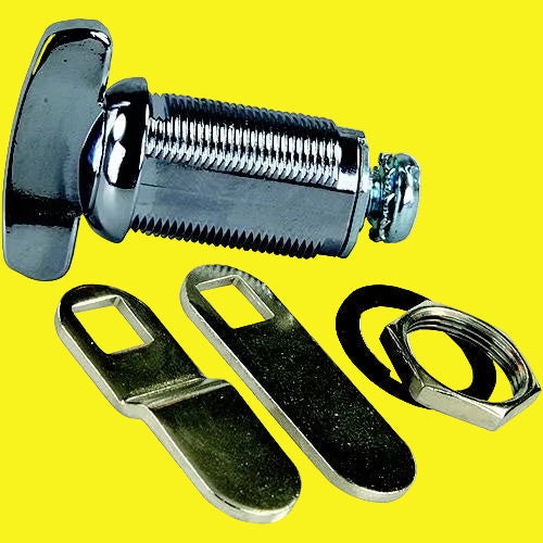Metal thumb latch for compartment door with a washer and two metal tabs on a yellow background