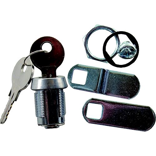 A set of key door lock components including a key, a cylinder, two lock plates, and two keys.