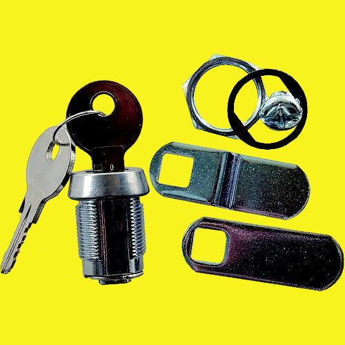 A set of key door lock components including a key, a cylinder, two lock plates, and two keys.