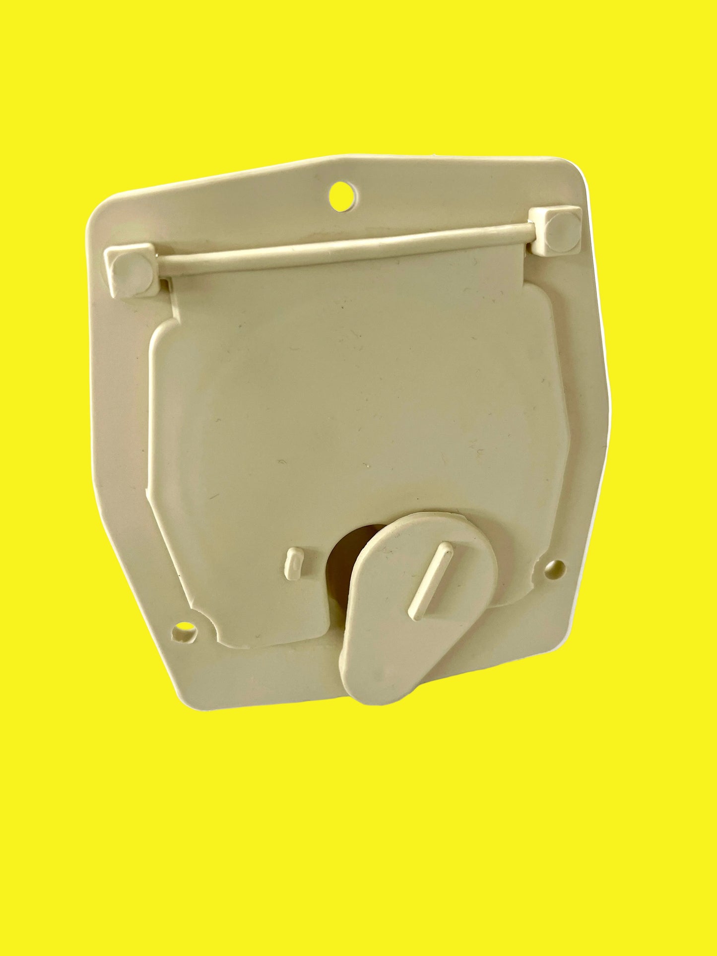 A beige or colonial white cable hatch with a cut-out for cable management.