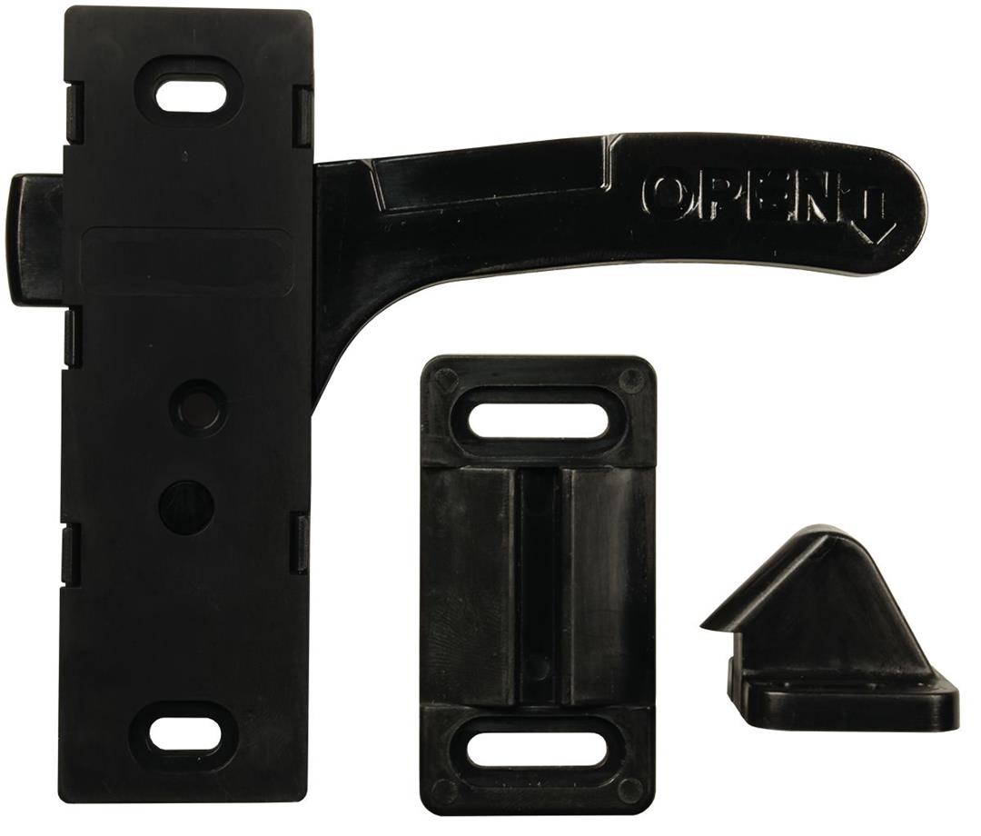 A black bi-directional screen door latch with striker, keeper, and mounting screws.