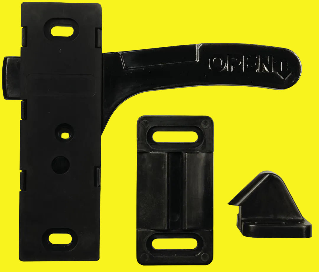 A black bi-directional screen door latch with striker, keeper, and mounting screws.