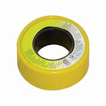A roll of yellow Teflon gas sealant tape with product information and branding on the label.