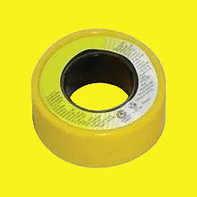 A roll of yellow Teflon gas sealant tape with product information and branding on the label.