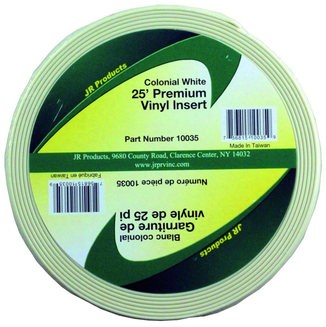 A roll of Colonial White vinyl insert molding by JR Products, with product number 10035 and the text '25 Premium Vinyl Insert' on the label.