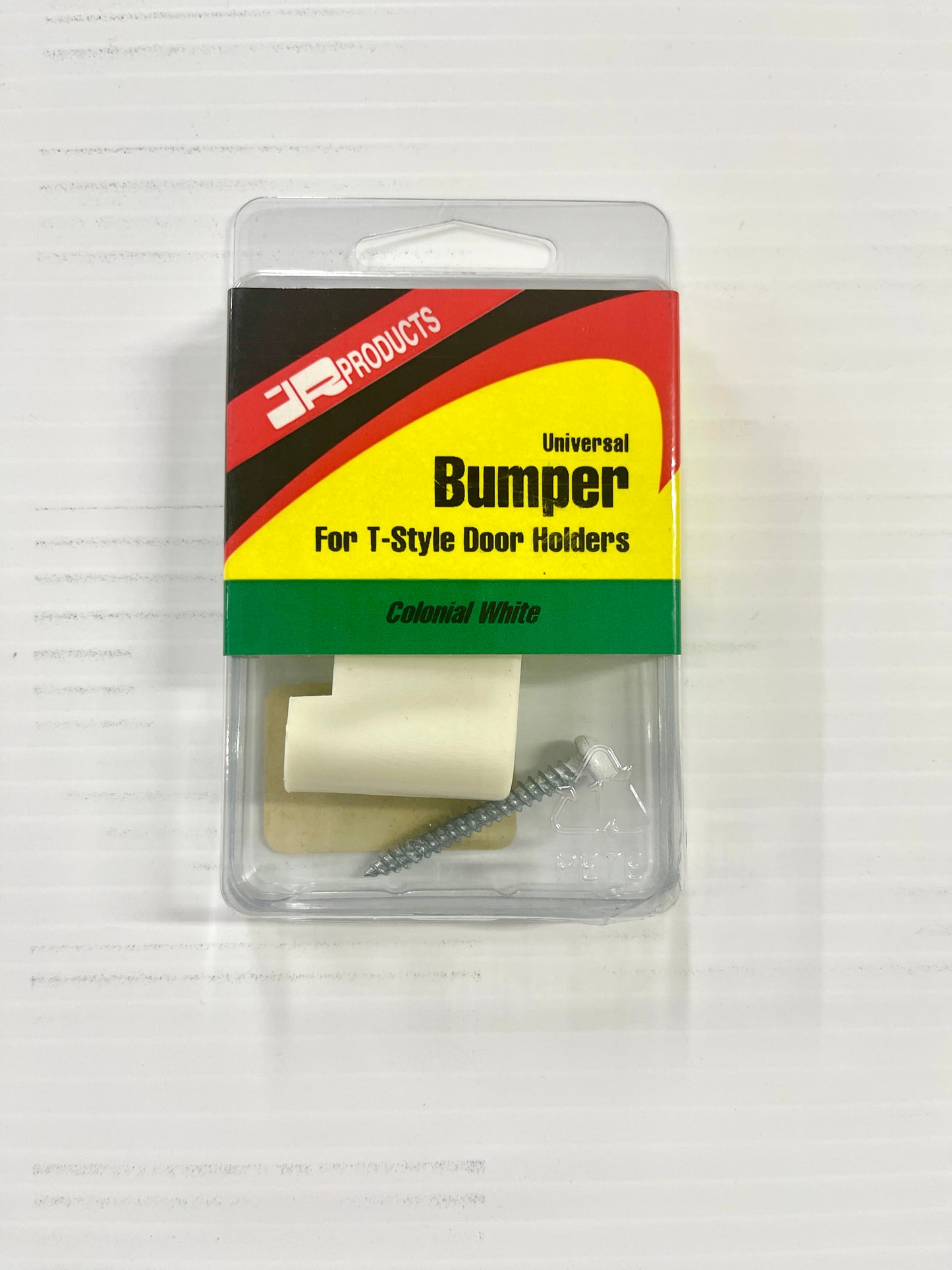 Colonial white door bumper for T-style door holders. In red, green, and yellow packaging