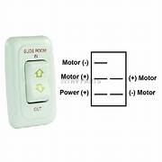 A white slide-out switch with a 5 pin terminal and a bezel around the switch, indicating the direction of the switch's operation (up and down) and the power connection (positive and negative).