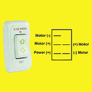 A white slide-out switch with a 5 pin terminal and a bezel around the switch, indicating the direction of the switch's operation (up and down) and the power connection (positive and negative).