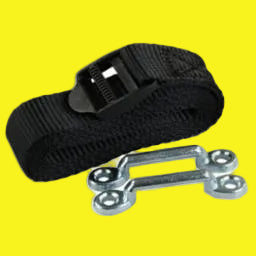 A black battery strap with a plastic snap buckle and metal mounting hardware.