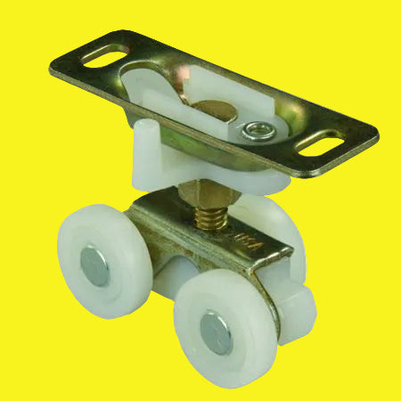 A silver and gold sliding door hanger with a white plastic slider and two mounting screws.