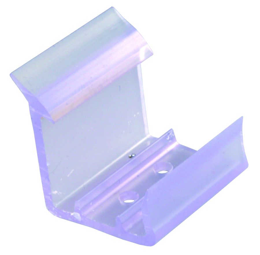 A clear plastic sliding mirror door catch with mounting screws.