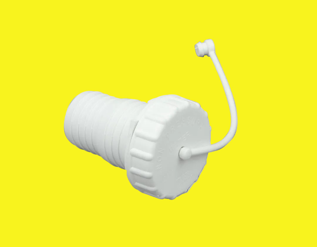 A white, cylindrical gravity water fill with a bayonet style cap and a strap.
