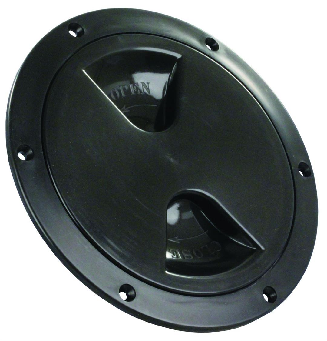 Black access/deck plate for RV with a cutout diameter and an outside diameter, featuring a lockable mechanism and a rubber seal.