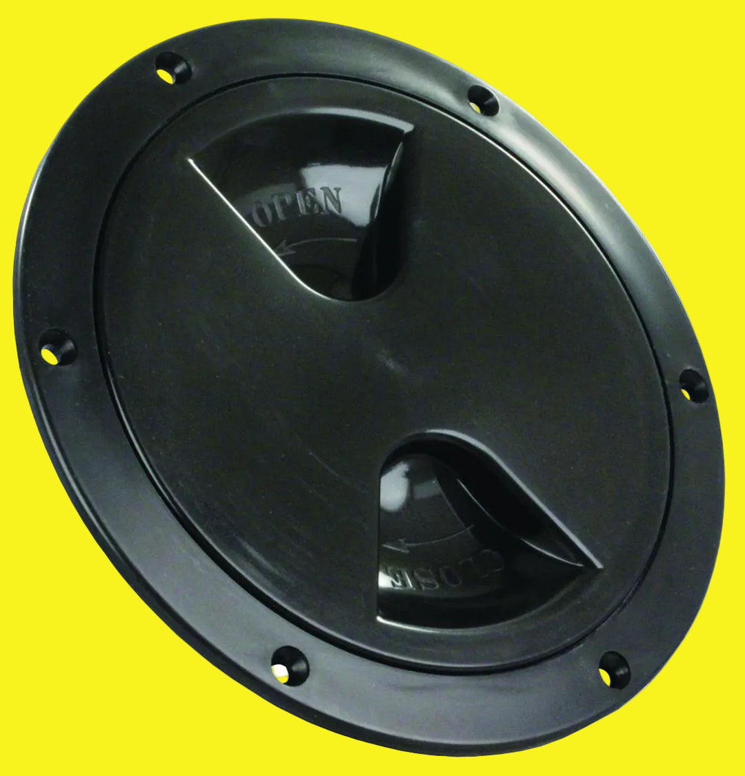Black access/deck plate for RV with a cutout diameter and an outside diameter, featuring a lockable mechanism and a rubber seal.