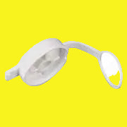 A white, plastic fresh water inlet cap with a lanyard.