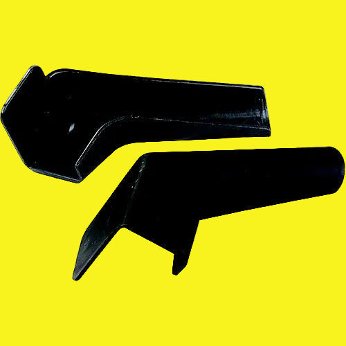 Two black plastic rain gutter spouts on a yellow background