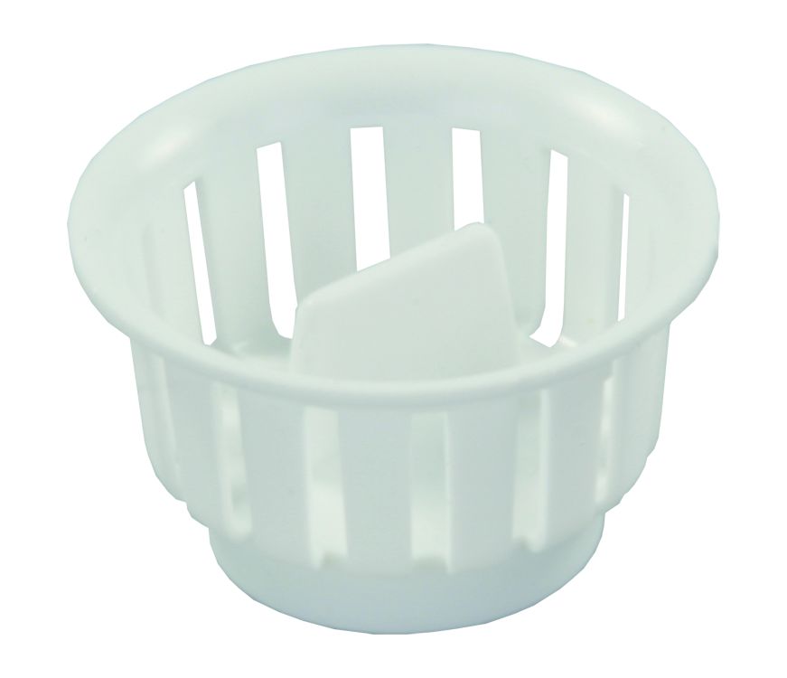 A white plastic sink strainer basket with female threads, designed to screw into the sink for use with JR Products sink strainer part numbers.