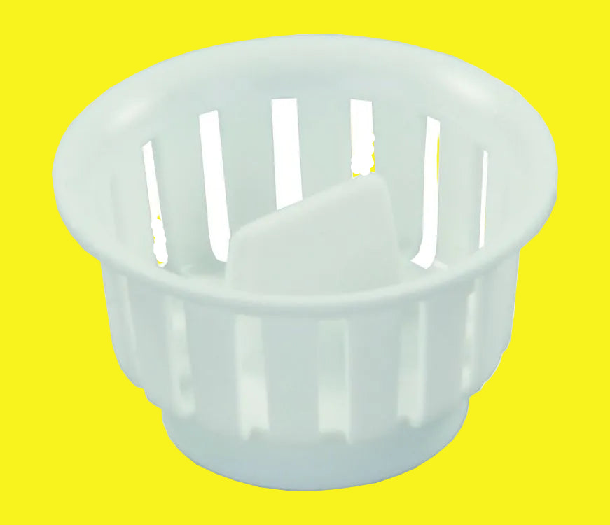 A white plastic sink strainer basket with female threads, designed to screw into the sink for use with JR Products sink strainer part numbers.