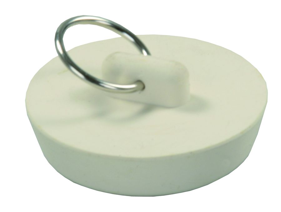 A white rubber stopper with a metal ring for a sink drain.