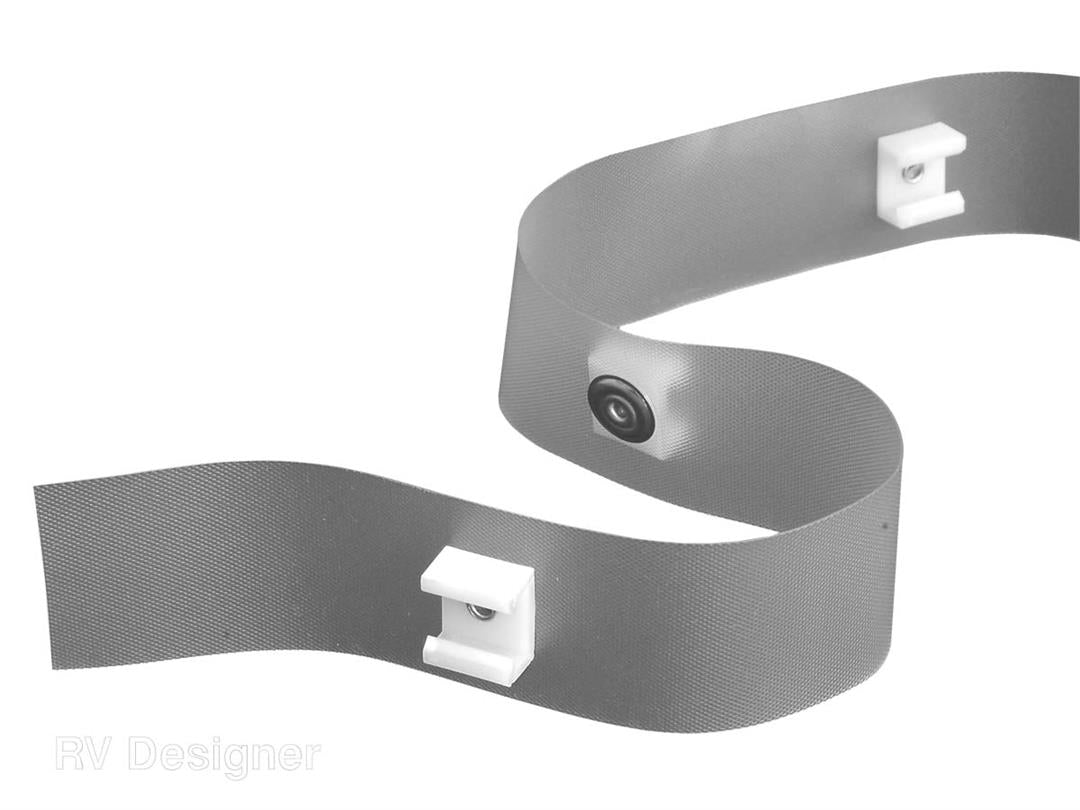 A length of white curtain glider tape with clip spacing, designed for use with ceiling or wall mount curtain tracks.