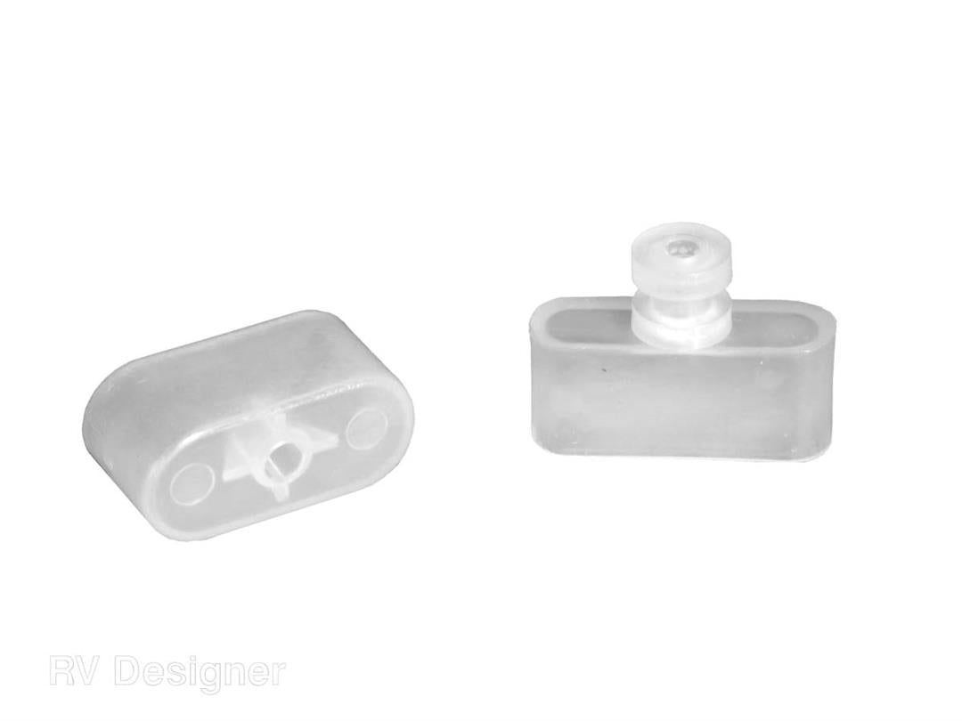 Two clear plastic end caps for RV window shades, with one showing the front view and the other the side view.