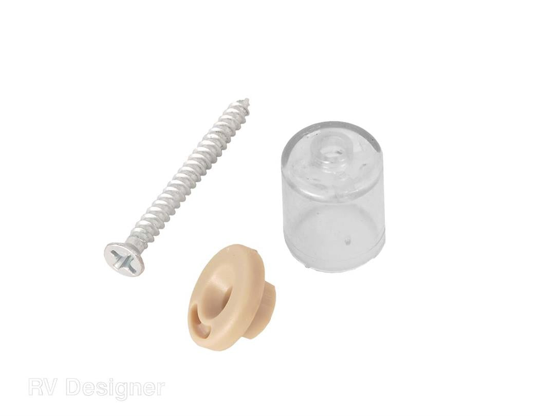 Pleated shade hold downs consisting of one clear piece and one beige piece with hardware.