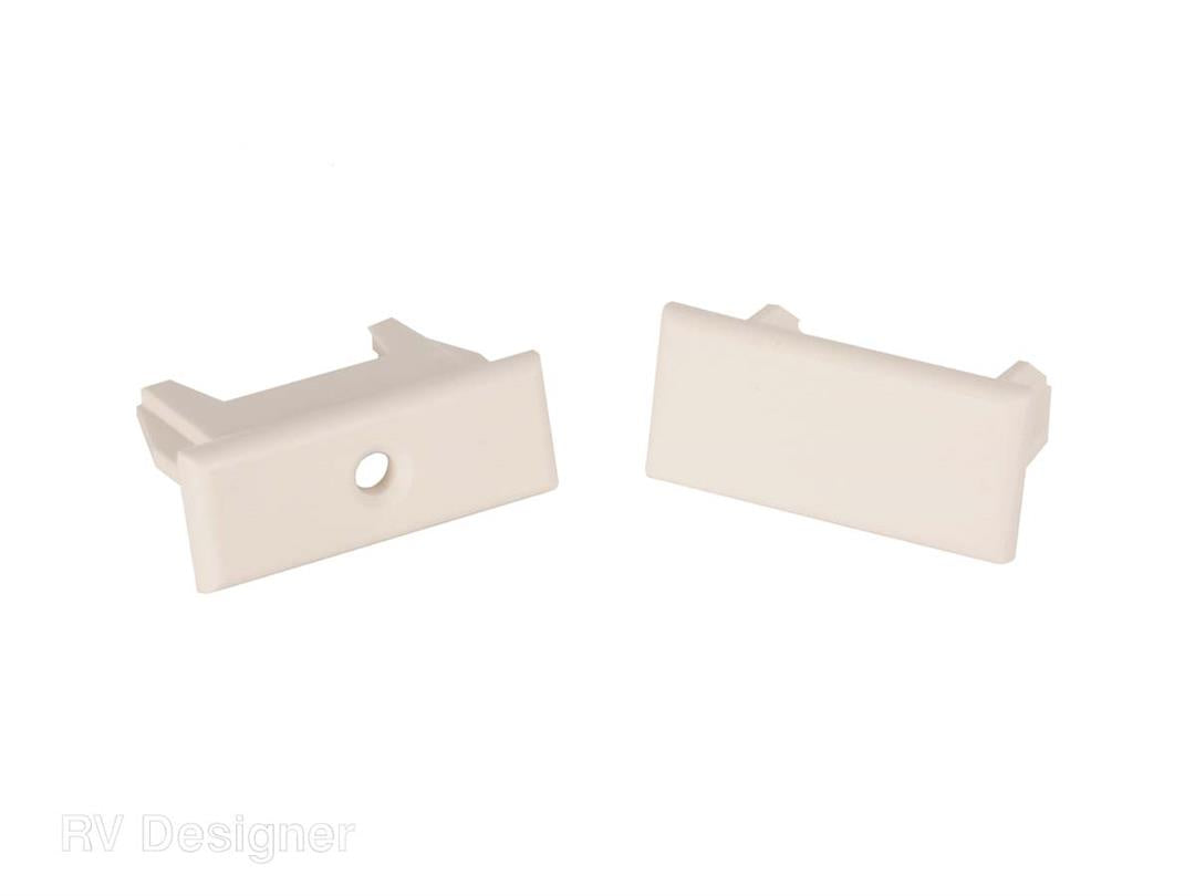 A pair of white pleated shade rail end caps designed for RV windows.