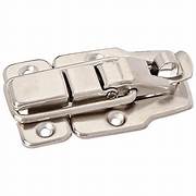 A chrome-plated metal RV Designer Draw Pull Catch, consisting of a latch and a catch area, with a shiny finish.