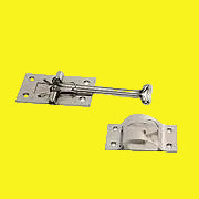 A stainless steel T-style entry door holder with a self-closing mechanism and a 4-inch length.