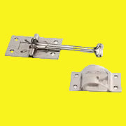 A stainless steel T-style entry door holder with a self-closing mechanism, 6 inches in length, designed for RV doors.