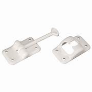 Two white plastic RV door holders with a T-style design, isolated on a white background.