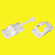 Two white plastic RV door holders with a T-style design, isolated on a yellow background.