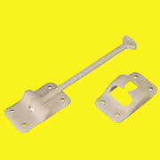 A colonial white plastic T-style door holder for RVs, consisting of a straight rod with a hook on one end and a mounting plate on the other.